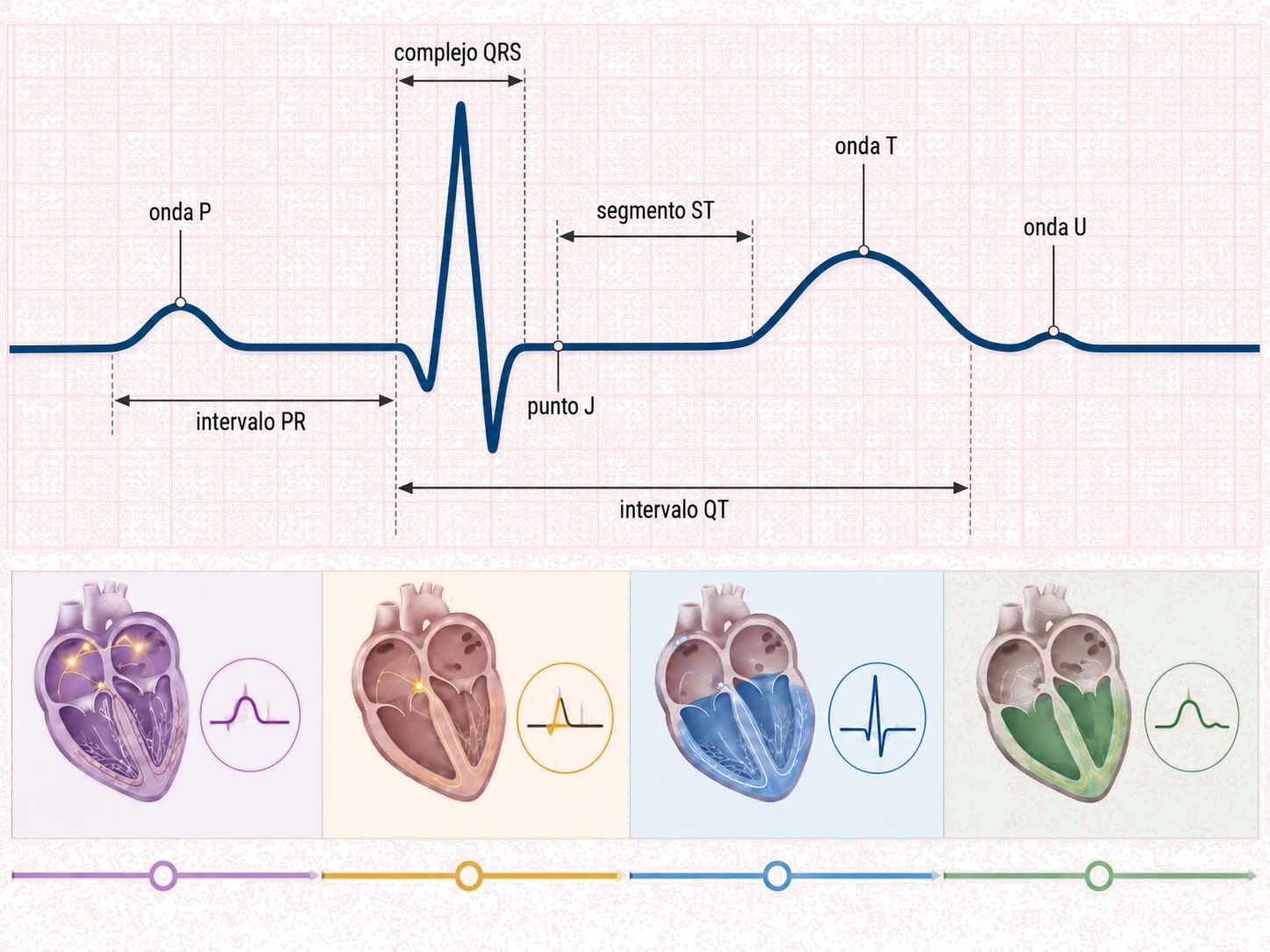 Partes de un ciclo ECG en derivación II: onda P, intervalo PR, complejo QRS, punto J, segmento ST, onda T, intervalo QT y onda U