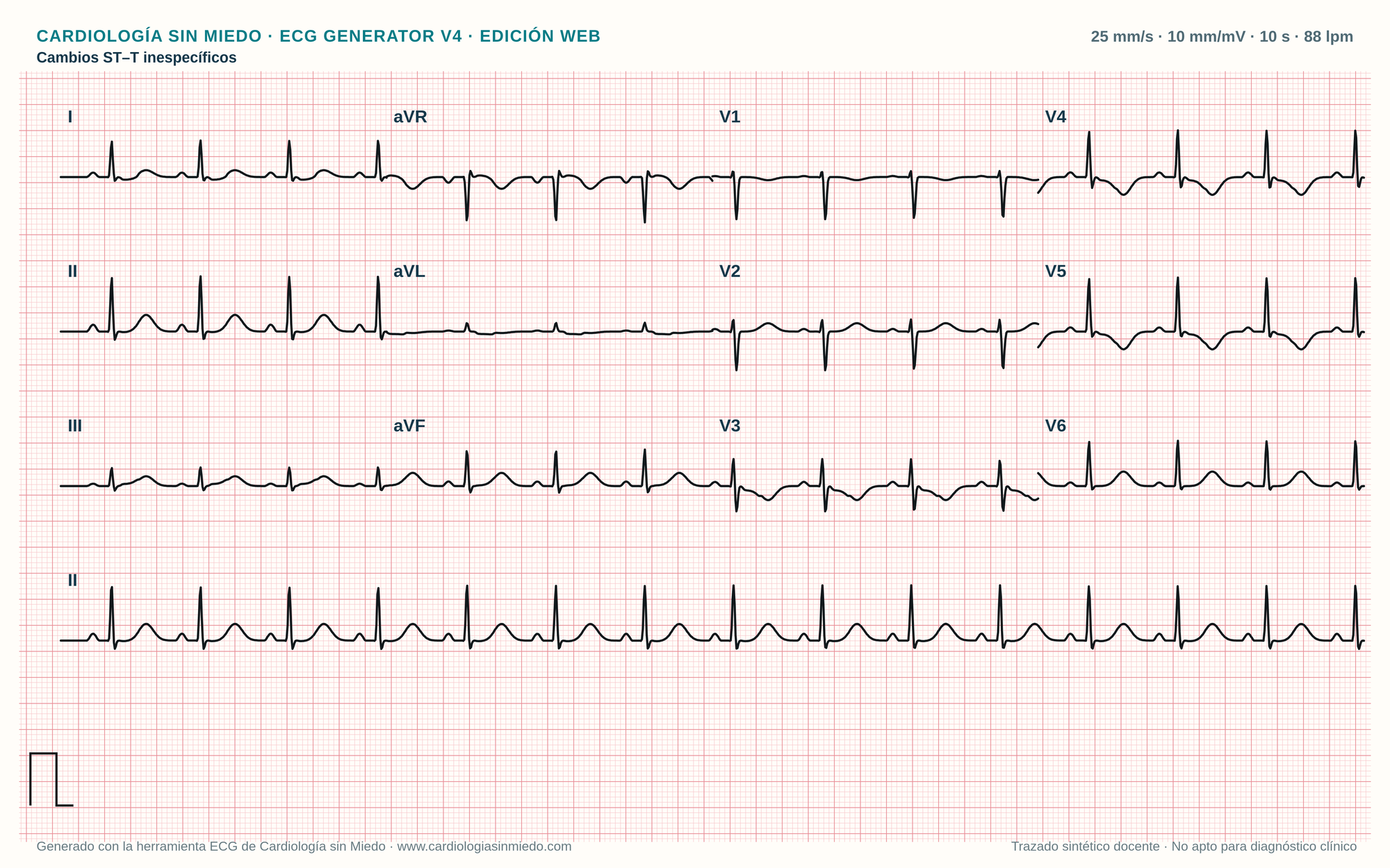 ECG de 12 derivaciones con ritmo sinusal y cambios inespecíficos del ST-T utilizados como ejemplo docente de posible afectación miocárdica inflamatoria
