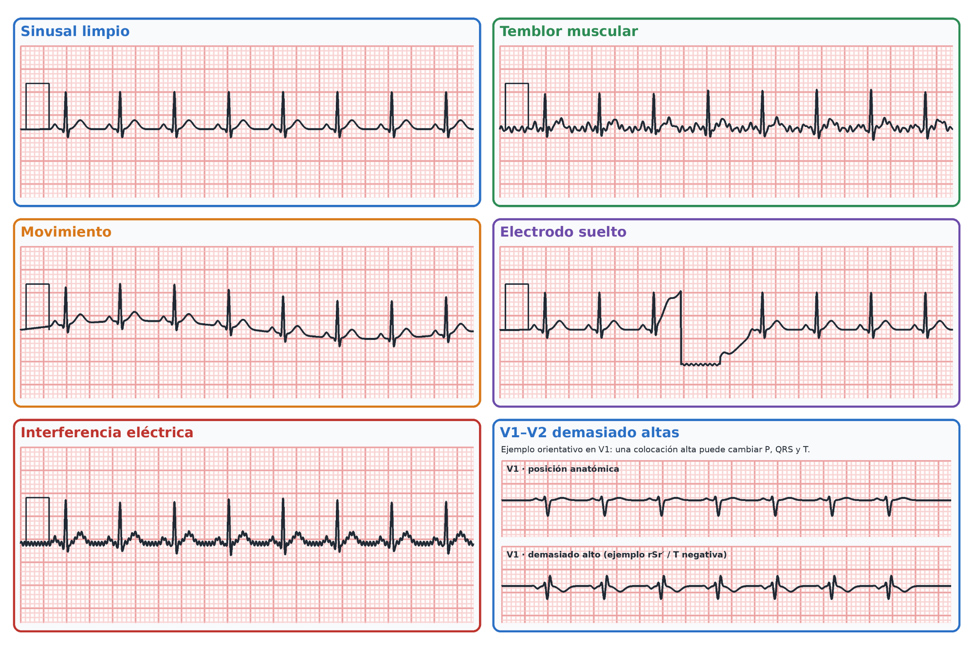 Figura docente con ECG sinusal limpio y ejemplos de temblor, movimiento, electrodo suelto, interferencia y colocación alta de V1-V2