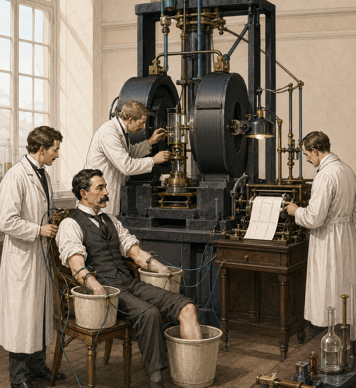 Recreación editorial de Willem Einthoven y su equipo utilizando el galvanómetro de cuerda para registrar la actividad eléctrica del corazón.